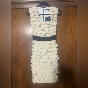 NWT! White/Cream & Black Sheath dress with Folded Ruffle Petal Ribbon Belt M